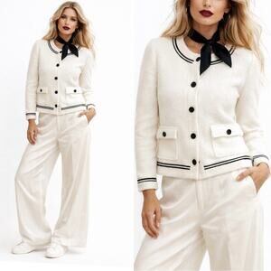 Karl Lagerfeld White Bouclé Jacket Contrast Black Trim & Signature Logo Buttons